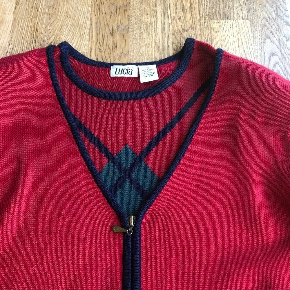 Vintage Lucia Red Argyle 2 Piece Set Top Full Zip Cardigan Medium
